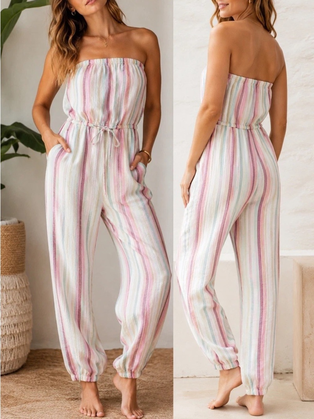 Striped Strapless Jumpsuit in Pastels
